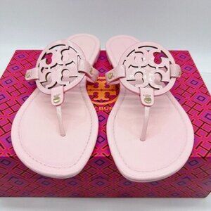TORY BURCH Miller T- Logo Thong Sandal Flat Clay Pink Patent Leather Women US 7